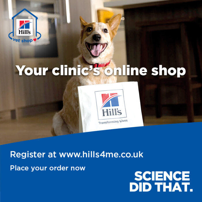Dog sitting next to a Hill's food bag, advertising your vet clinic's online shop